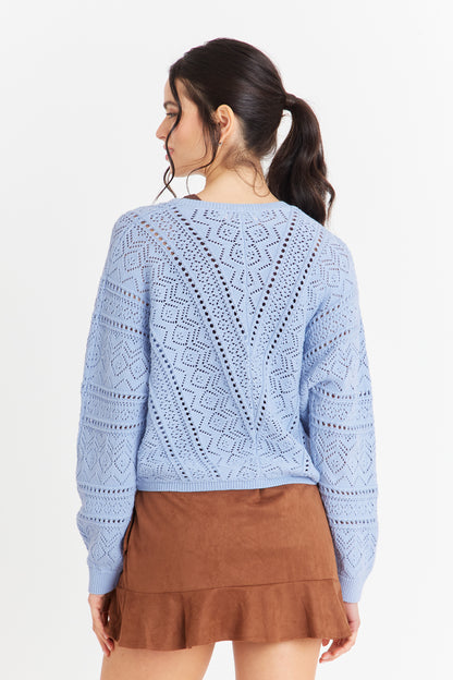 Cárdigan Tipo Crochet Botones Dorados Celeste