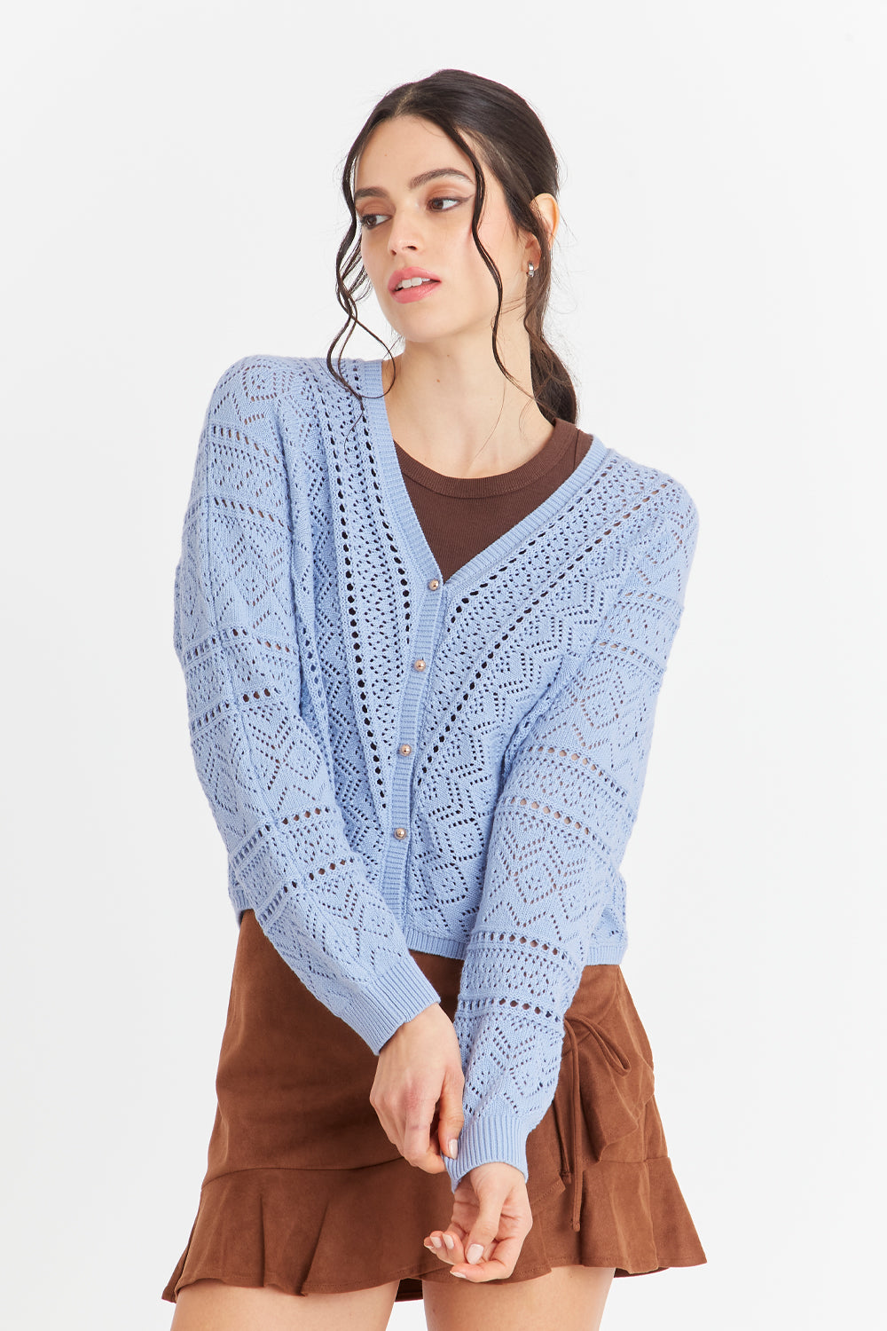 Cárdigan Tipo Crochet Botones Dorados Celeste