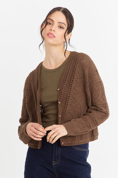 Cárdigan Tipo Crochet Botones Dorados Café
