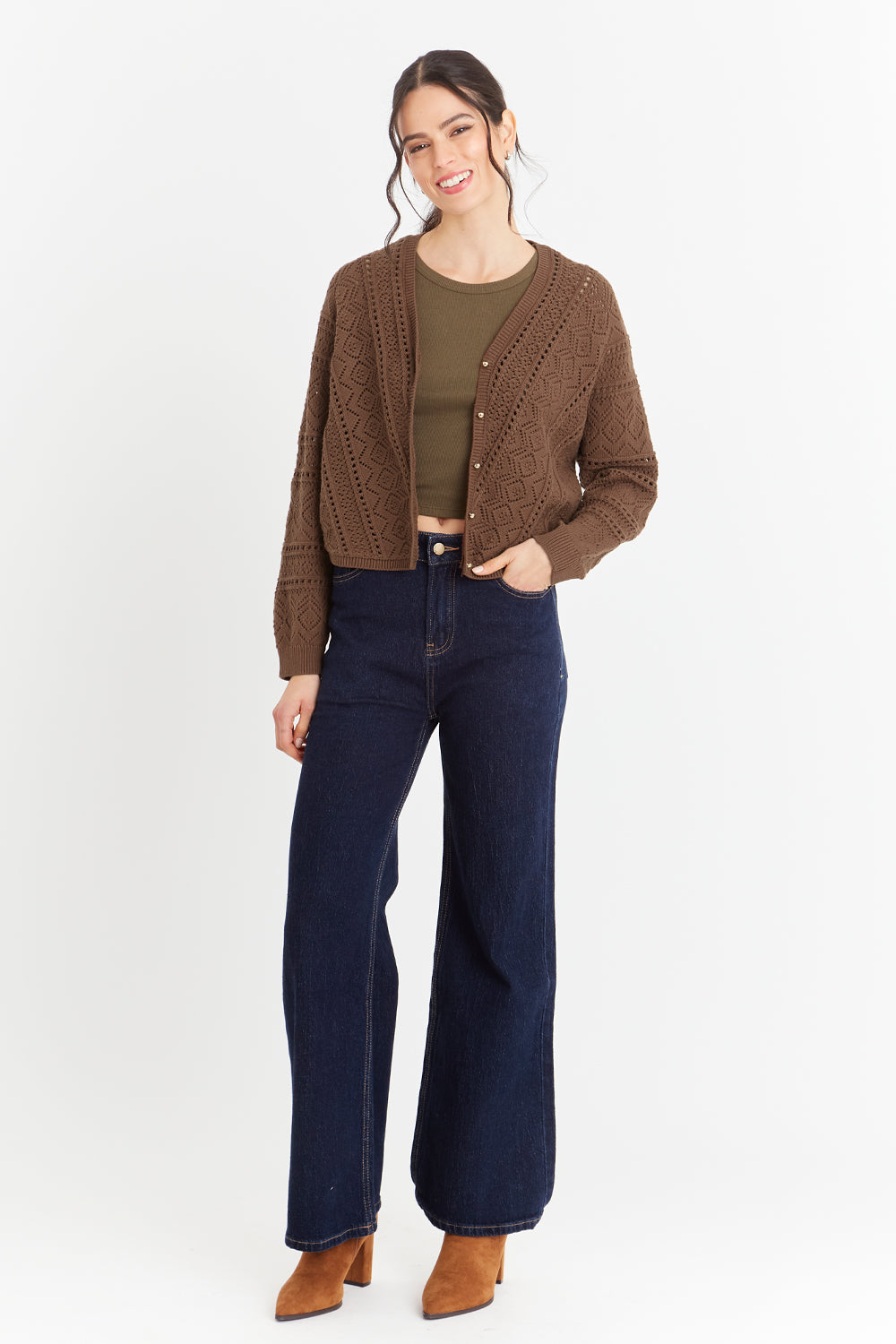 Cárdigan Tipo Crochet Botones Dorados Café