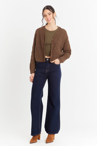 Cárdigan Tipo Crochet Botones Dorados Café