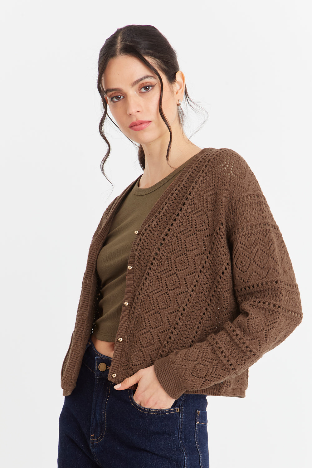 Cárdigan Tipo Crochet Botones Dorados Café