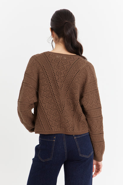 Cárdigan Tipo Crochet Botones Dorados Café