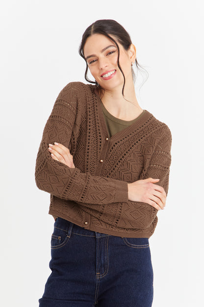 Cárdigan Tipo Crochet Botones Dorados Café