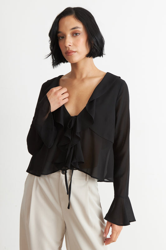 Blusa Vuelos Manga Larga Negro