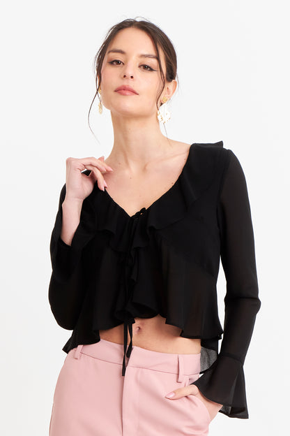 Blusa Vuelos Manga Larga Negro