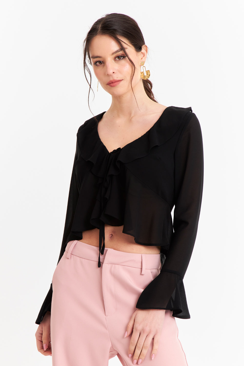 Blusa Vuelos Manga Larga Negro