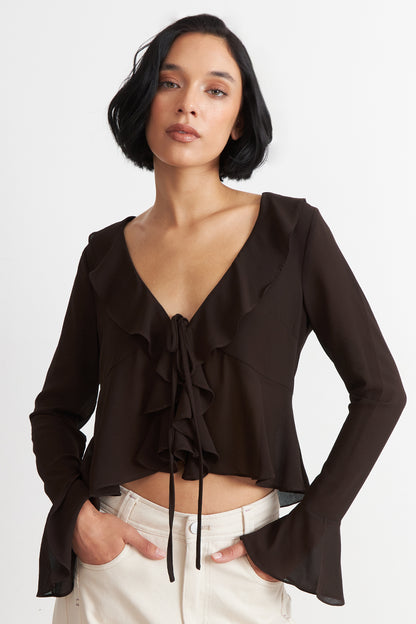 Blusa Vuelos Manga Larga Café