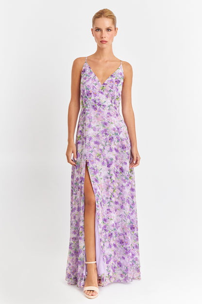 Vestido Largo Floreado Lila