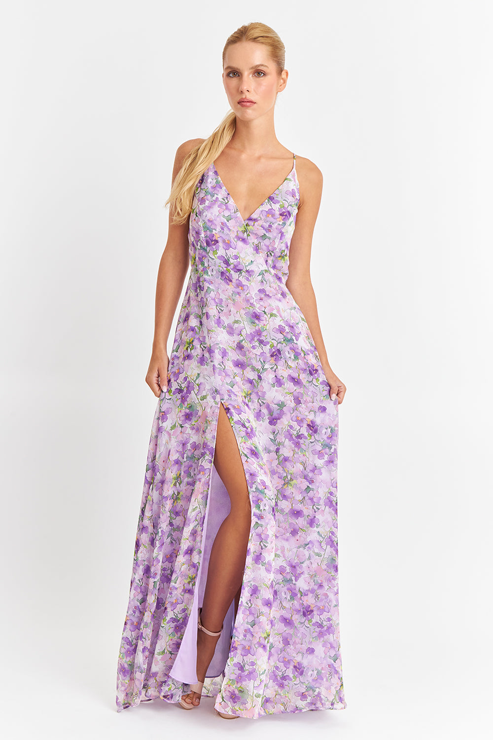 Vestido Largo Floreado Lila