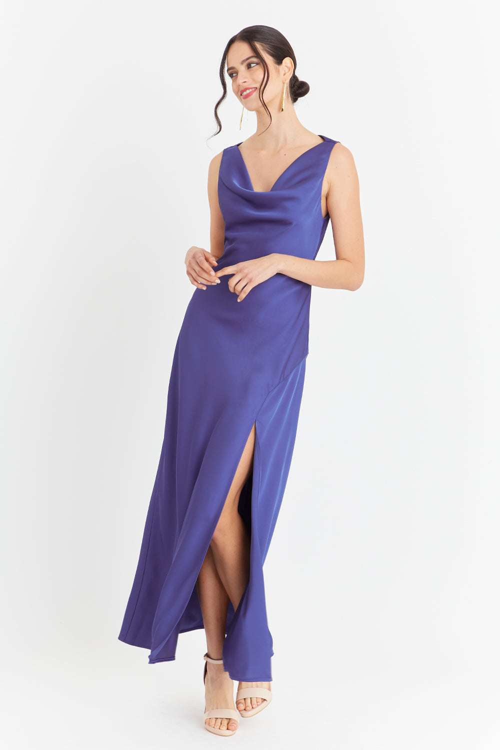 Vestido Largo Escote Drapeado Azul
