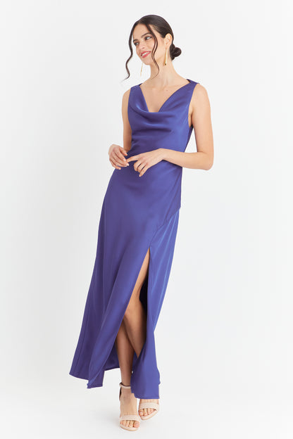 Vestido Largo Escote Drapeado Azul