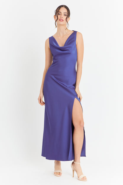 Vestido Largo Escote Drapeado Azul