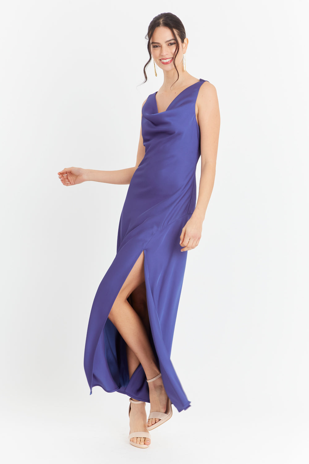 Vestido Largo Escote Drapeado Azul