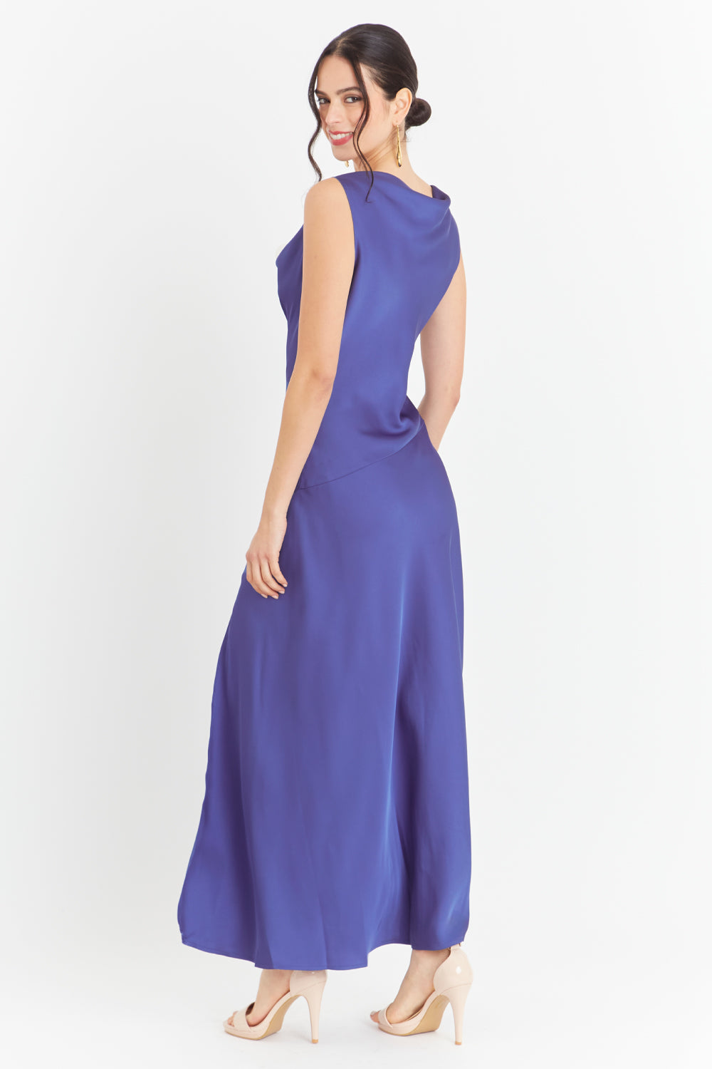 Vestido Largo Escote Drapeado Azul