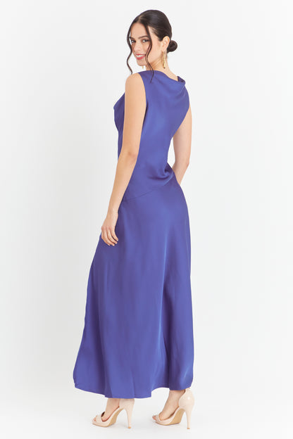 Vestido Largo Escote Drapeado Azul