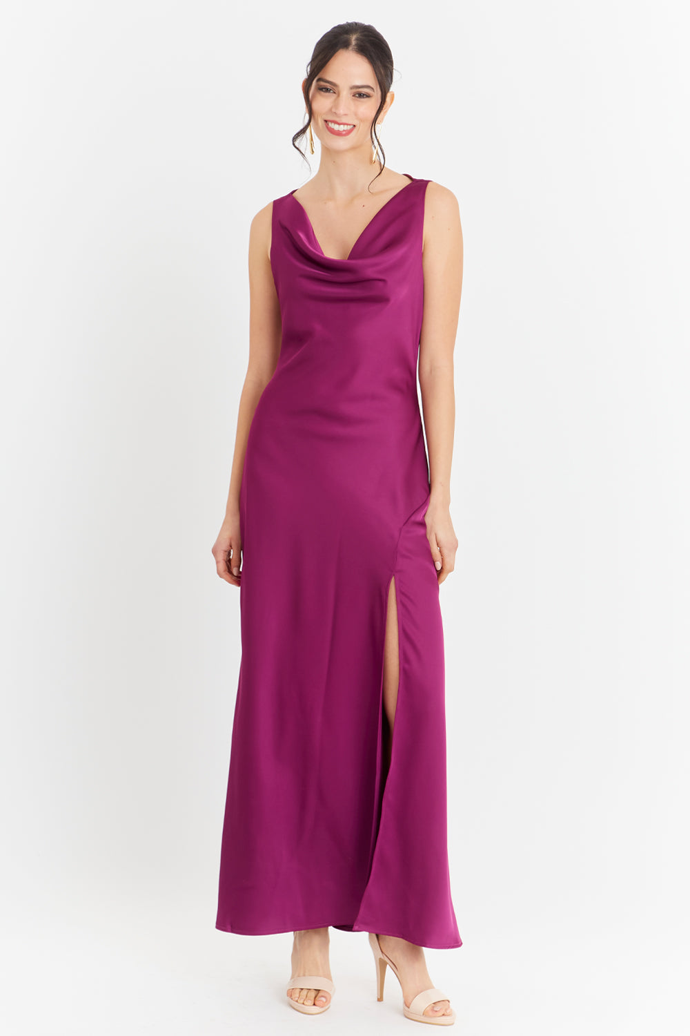 Vestido Largo Escote Drapeado Morado
