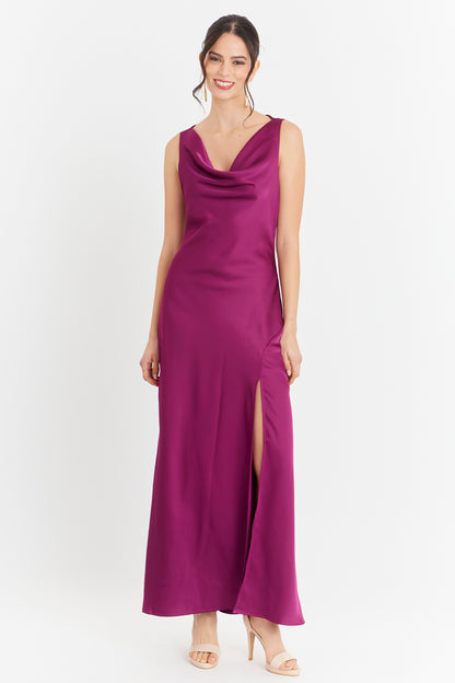 Vestido Largo Escote Drapeado Morado