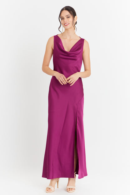 Vestido Largo Escote Drapeado Morado