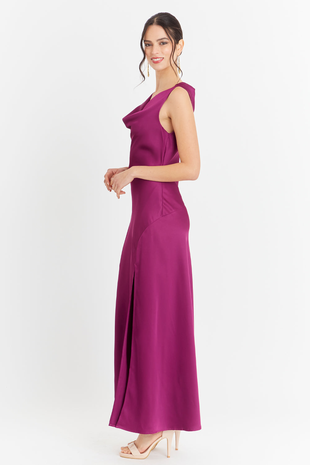 Vestido Largo Escote Drapeado Morado