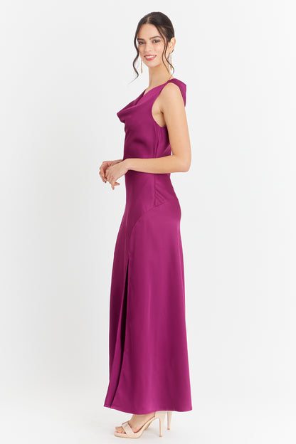Vestido Largo Escote Drapeado Morado
