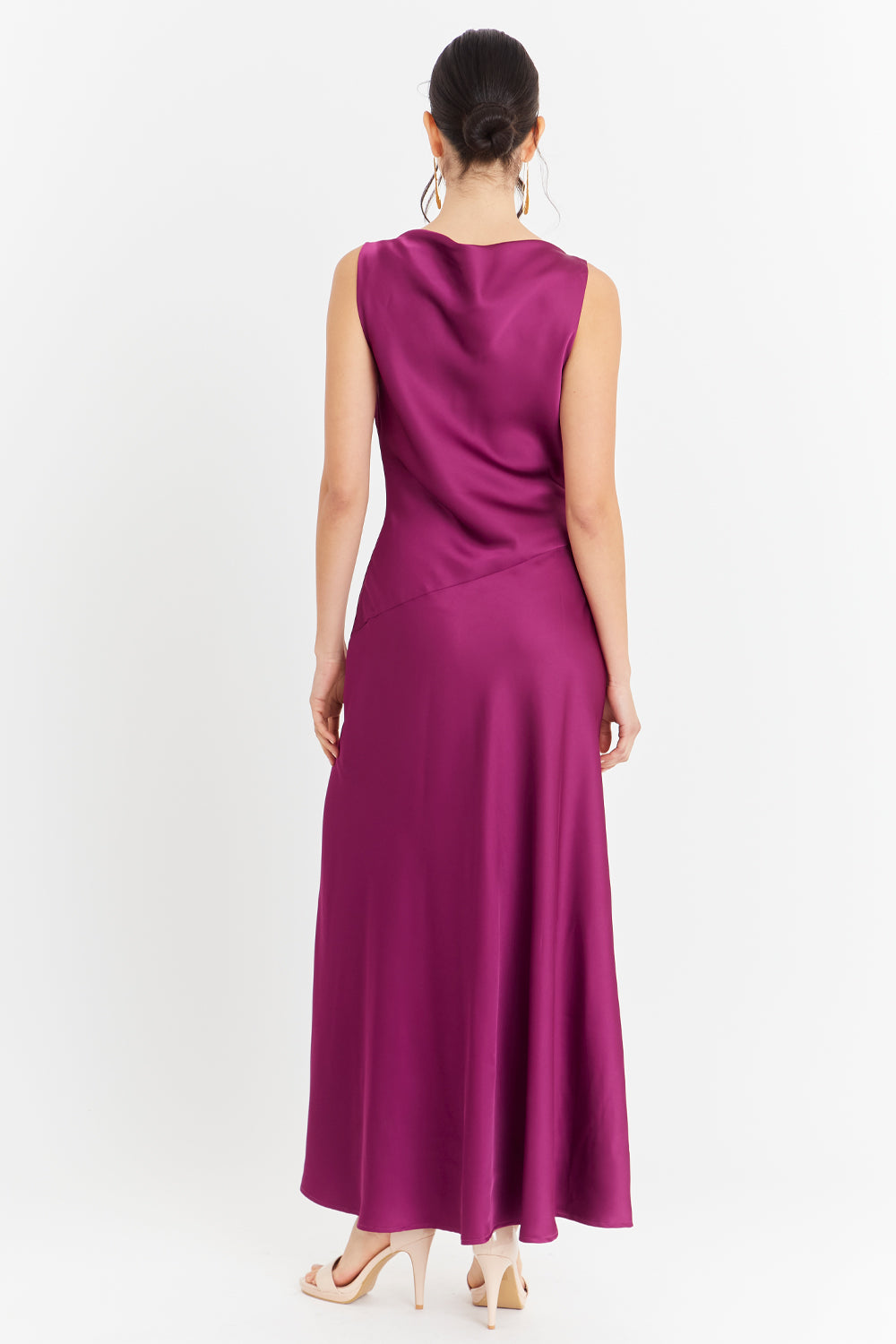 Vestido Largo Escote Drapeado Morado