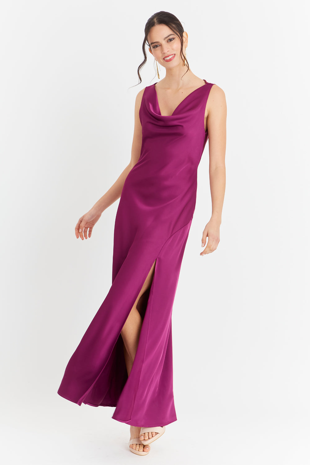 Vestido Largo Escote Drapeado Morado
