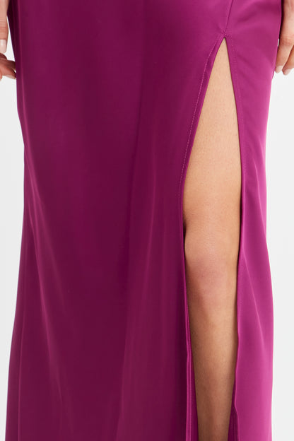 Vestido Largo Escote Drapeado Morado