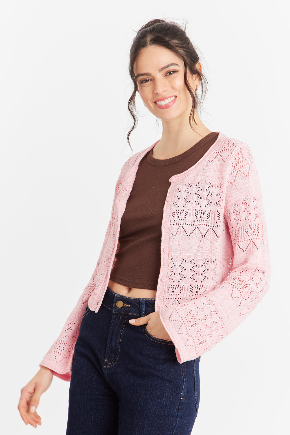 Cárdigan Tipo Crochet Hilo Rosado