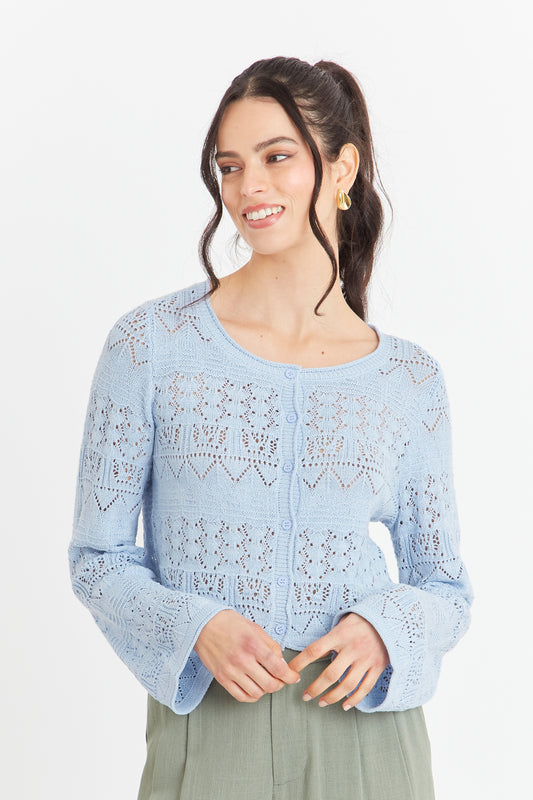 Cárdigan Tipo Crochet Hilo Celeste