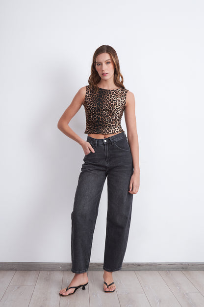 Polera Malla Sin Mangas Animal Print Café