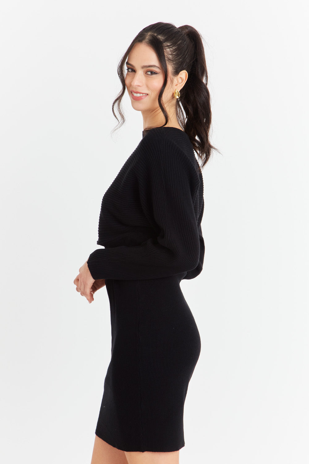 Vestido Acanalado Negro con Cinturón