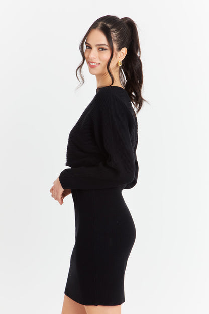 Vestido Acanalado Negro con Cinturón