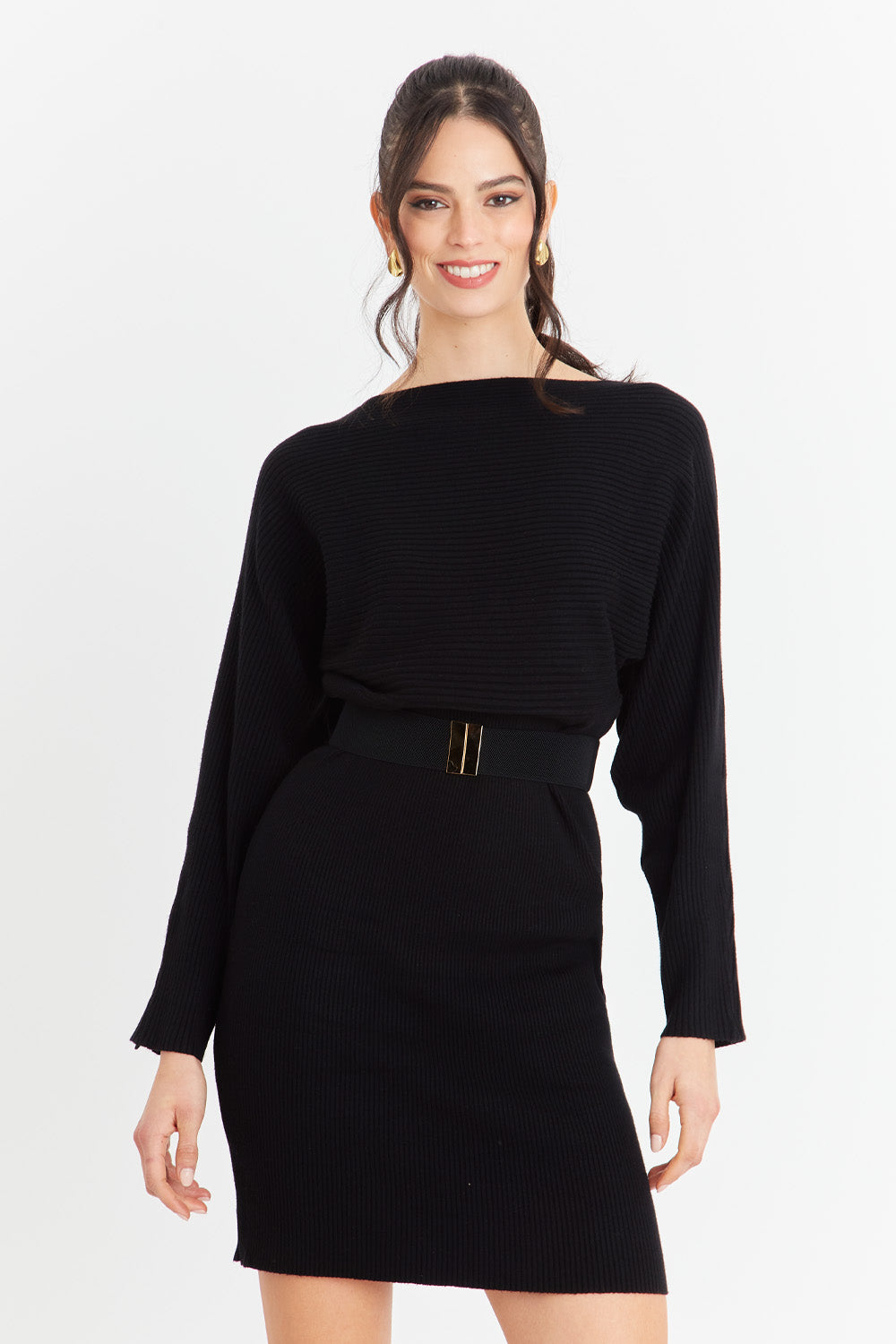Vestido Acanalado Negro con Cinturón