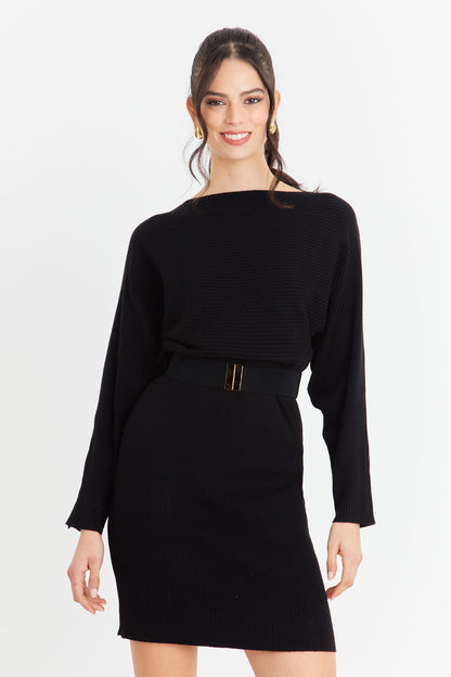 Vestido Acanalado Negro con Cinturón