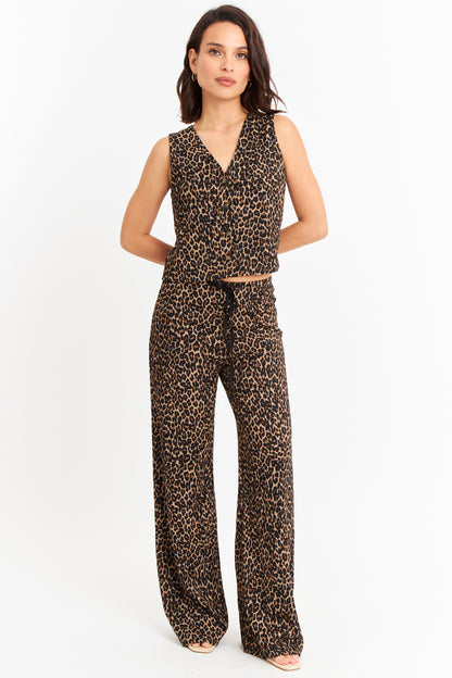 Pantalón Tipo Crepé Animal Print Café