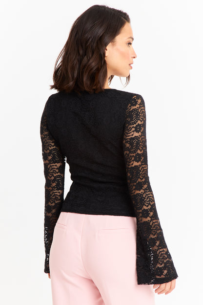 Polera Encaje Escote Nudo Negro