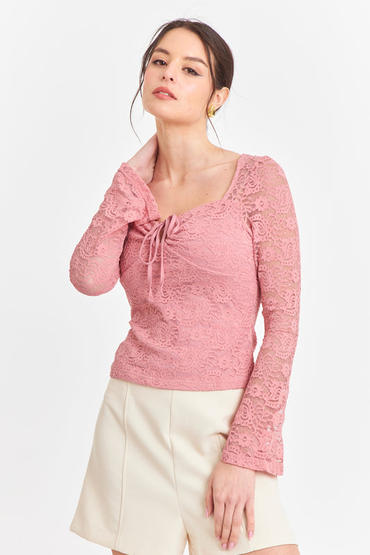 Polera Encaje Escote Nudo Rosado