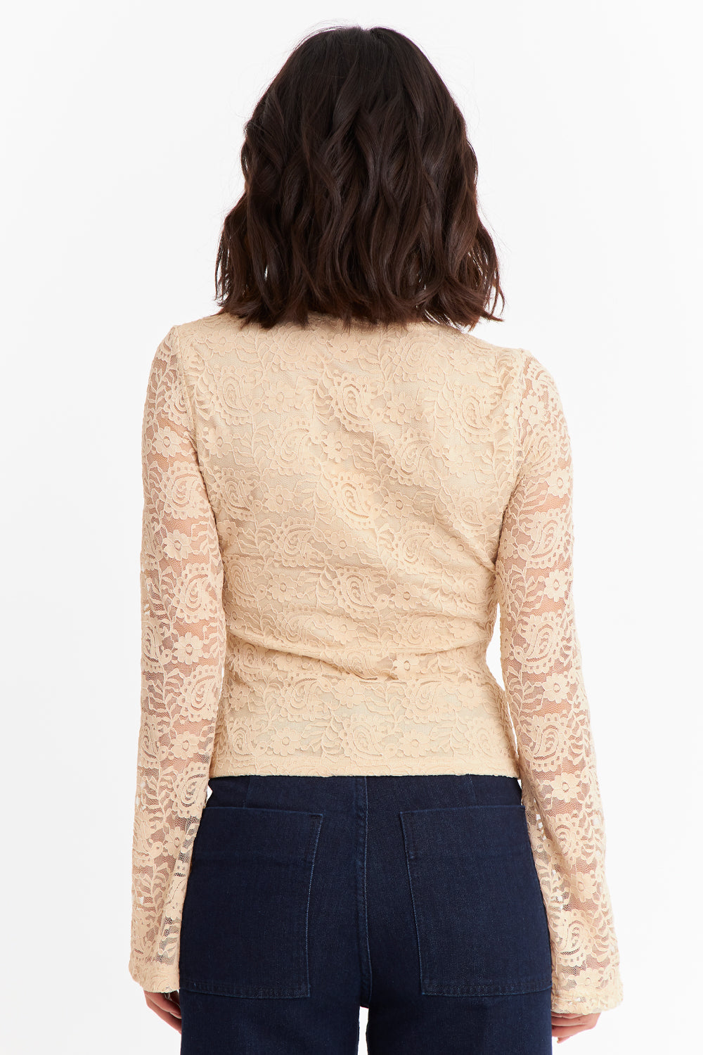 Polera Encaje Escote Nudo Beige