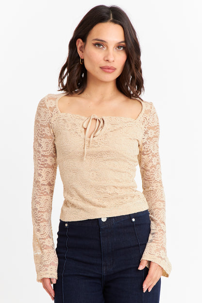 Polera Encaje Escote Nudo Beige