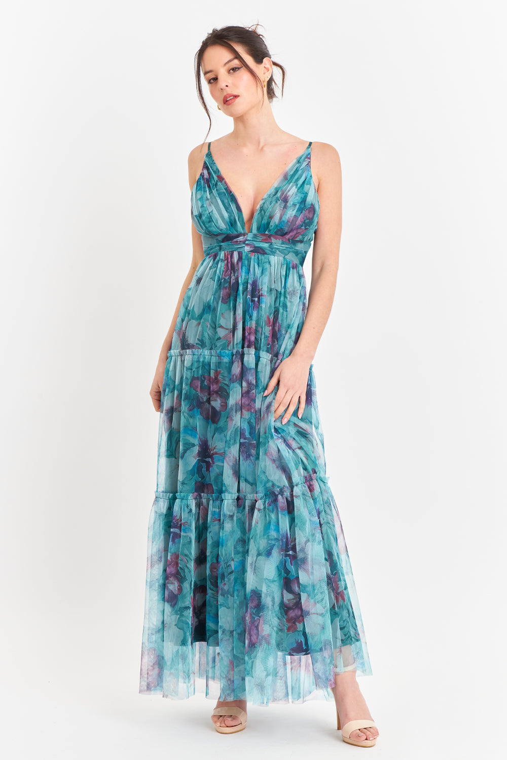 Vestido Tul Floreado Celeste