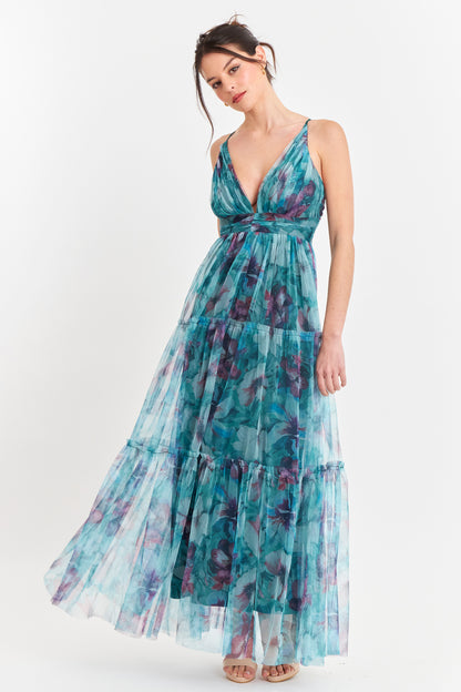 Vestido Tul Floreado Celeste