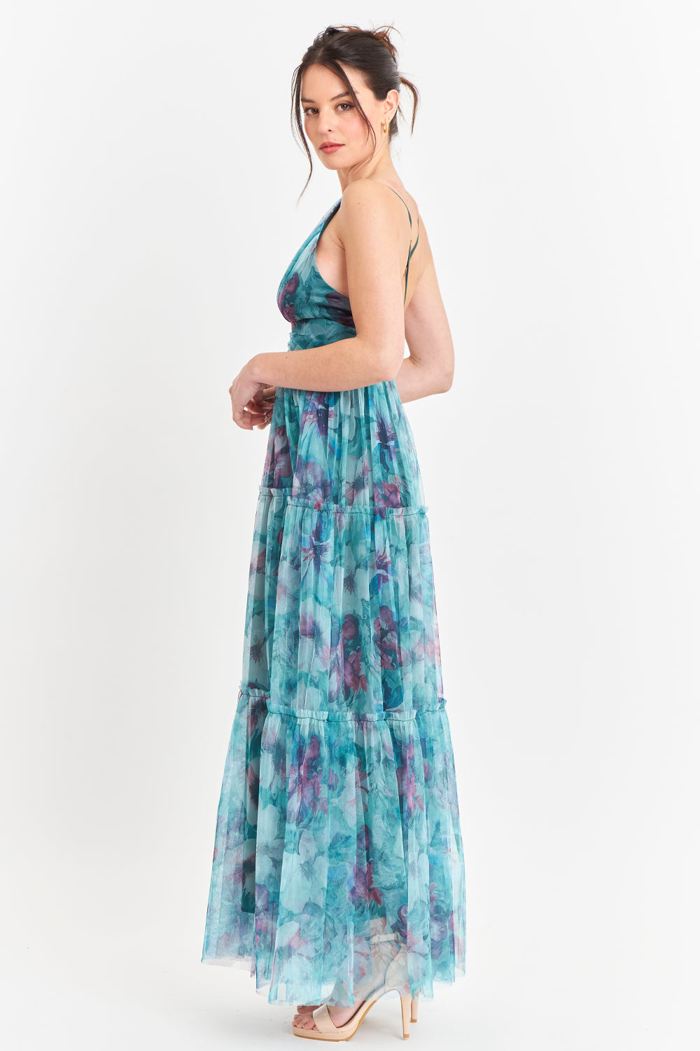 Vestido Tul Floreado Celeste