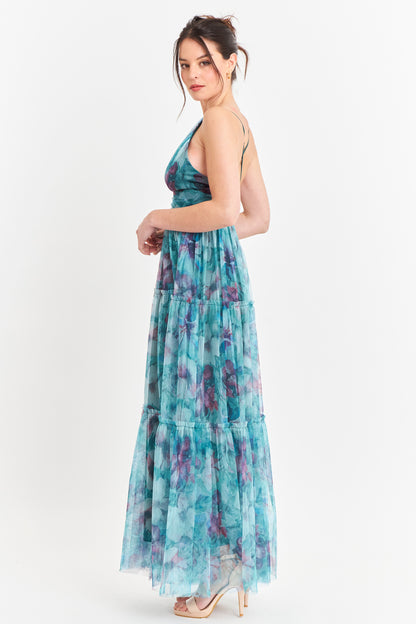 Vestido Tul Floreado Celeste