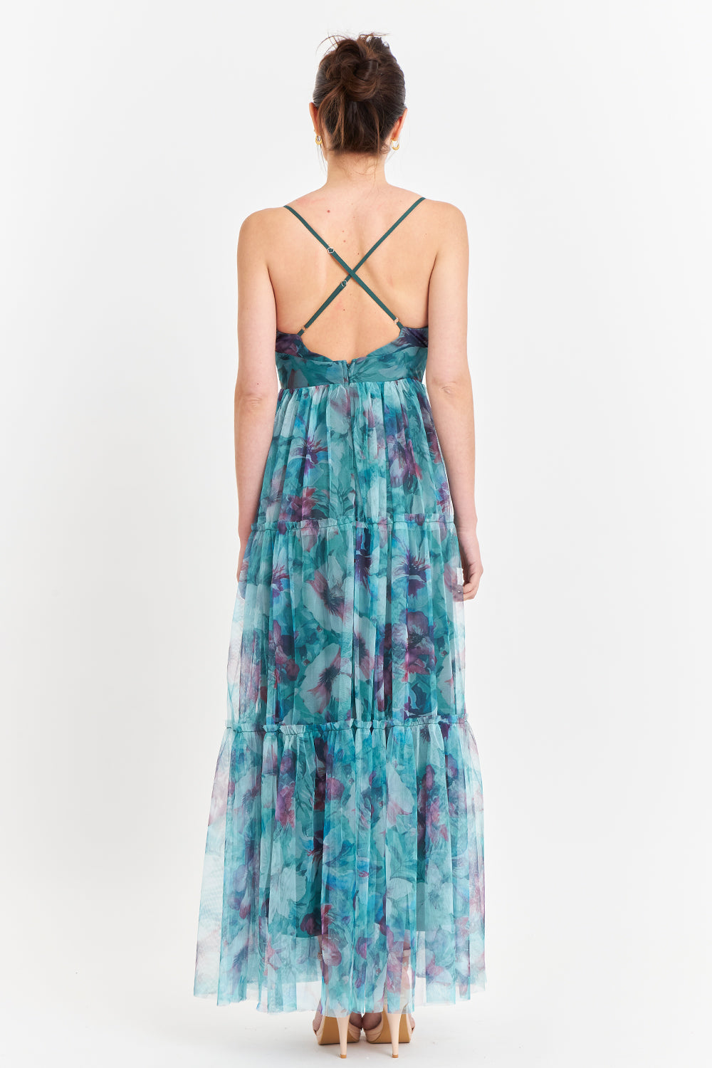 Vestido Tul Floreado Celeste