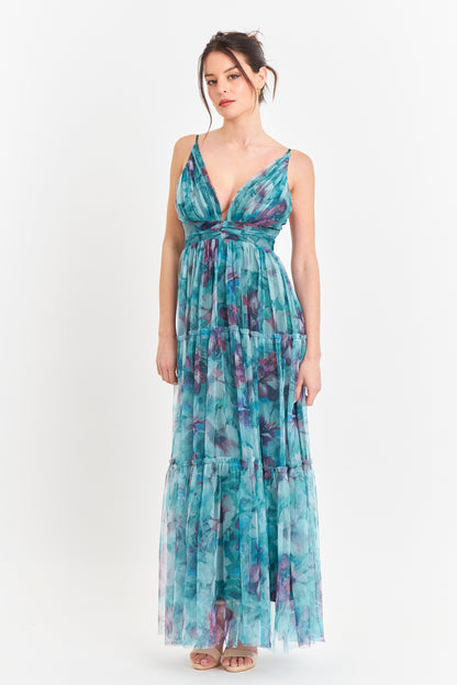 Vestido Tul Floreado Celeste