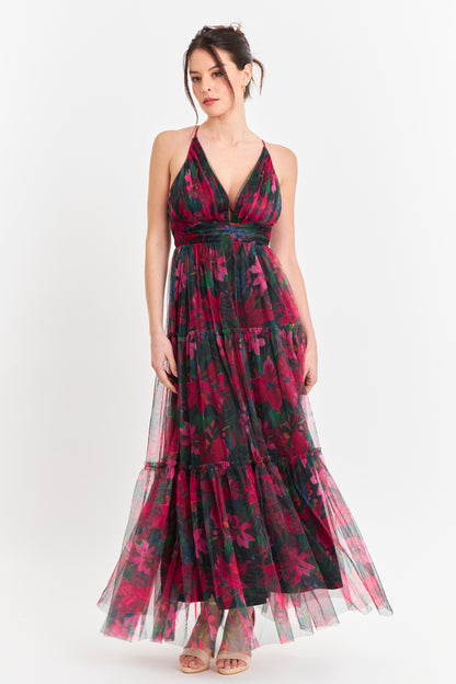 Vestido Tul Floreado Fucsia