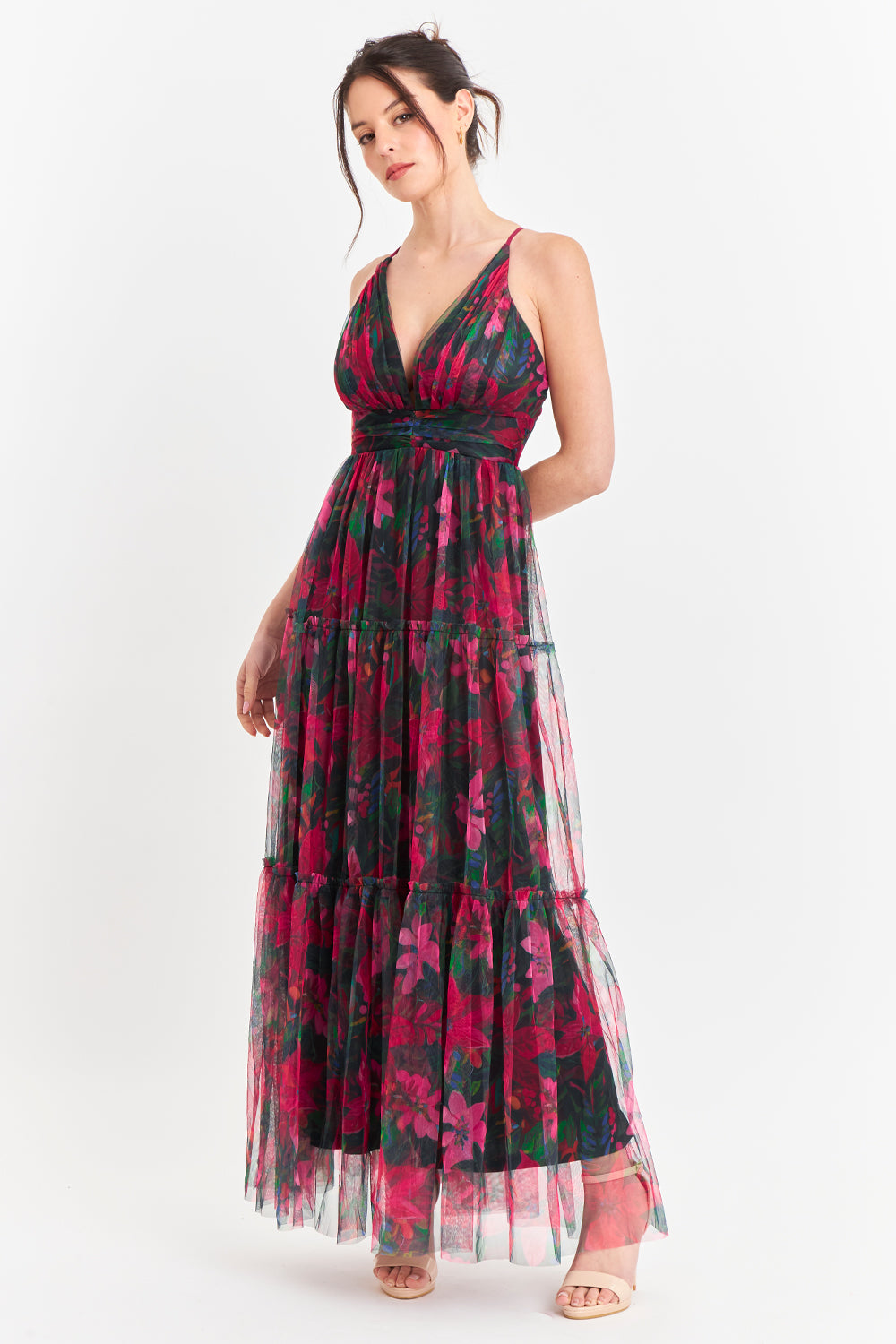 Vestido Tul Floreado Fucsia