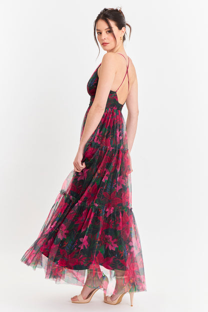 Vestido Tul Floreado Fucsia