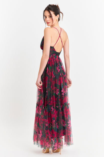 Vestido Tul Floreado Fucsia